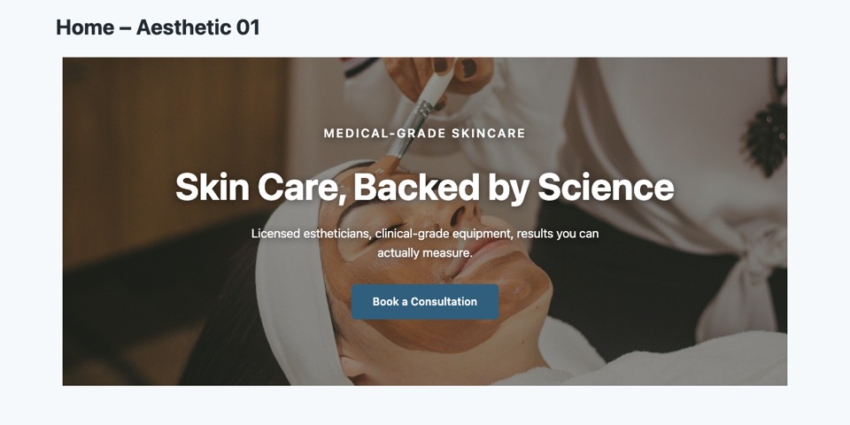 Aesthetic 01 — Porcelain lash and brow studio homepage layout