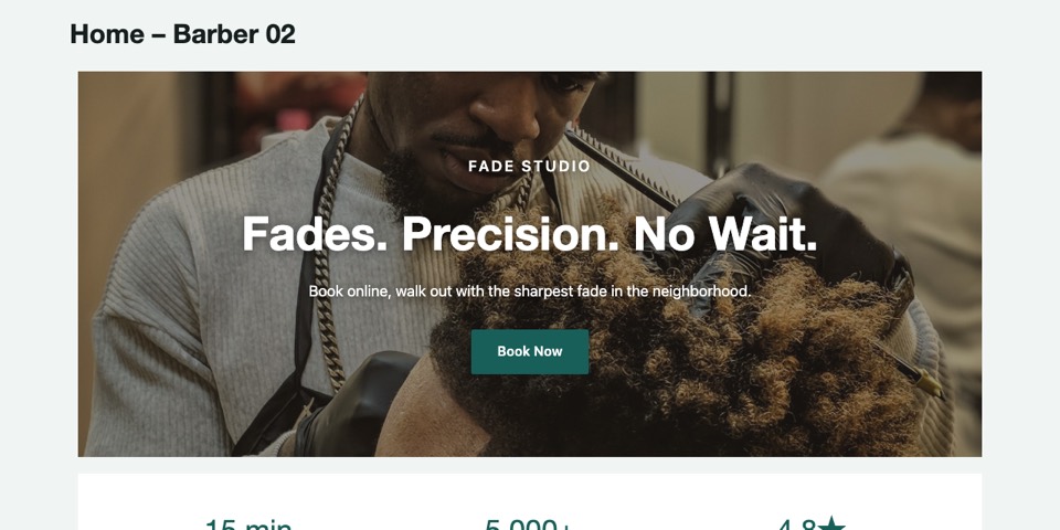Barber 02 — Iron & Oak barbershop homepage layout
