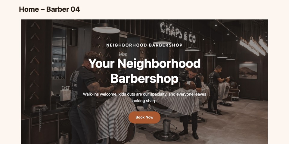 Barber 04 — Industrial barbershop homepage layout