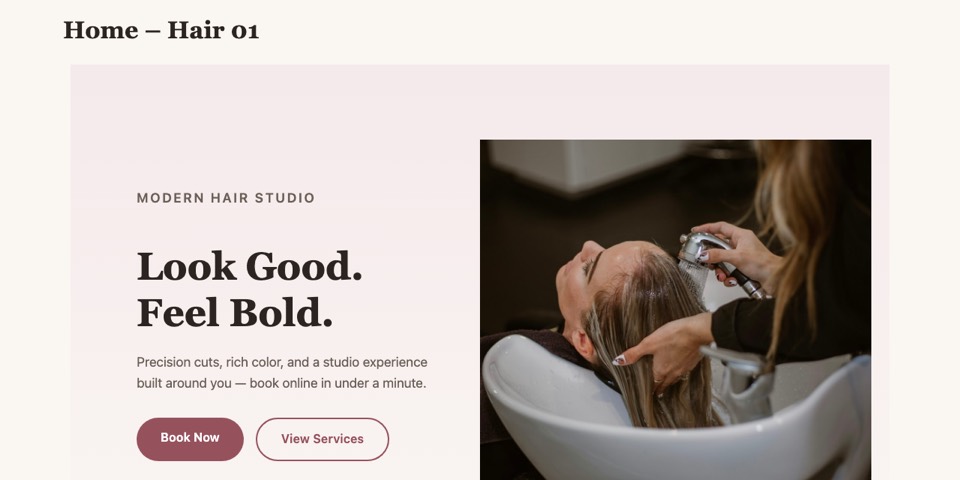 Hair 01 — Editorial hair salon homepage layout