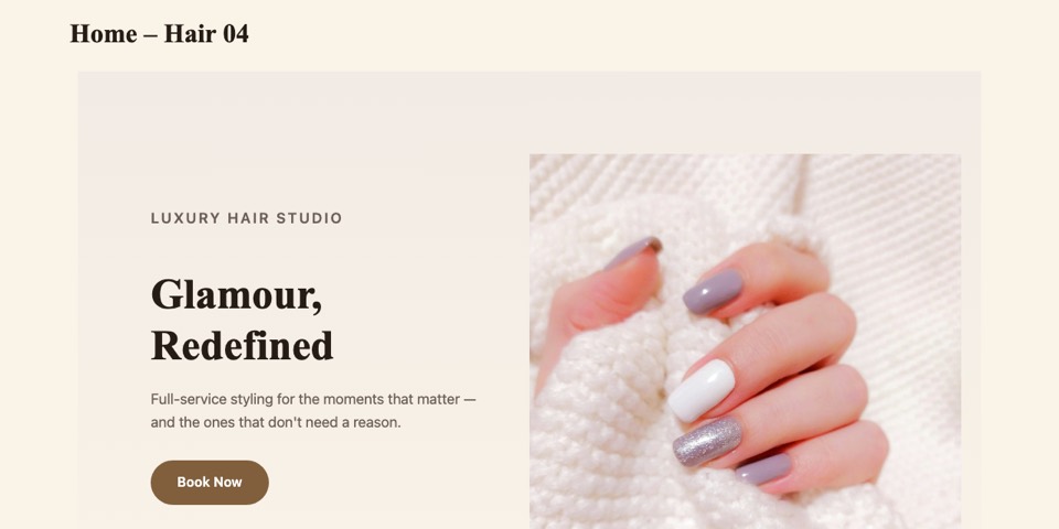 Hair 04 — Modern Mono hair salon homepage layout