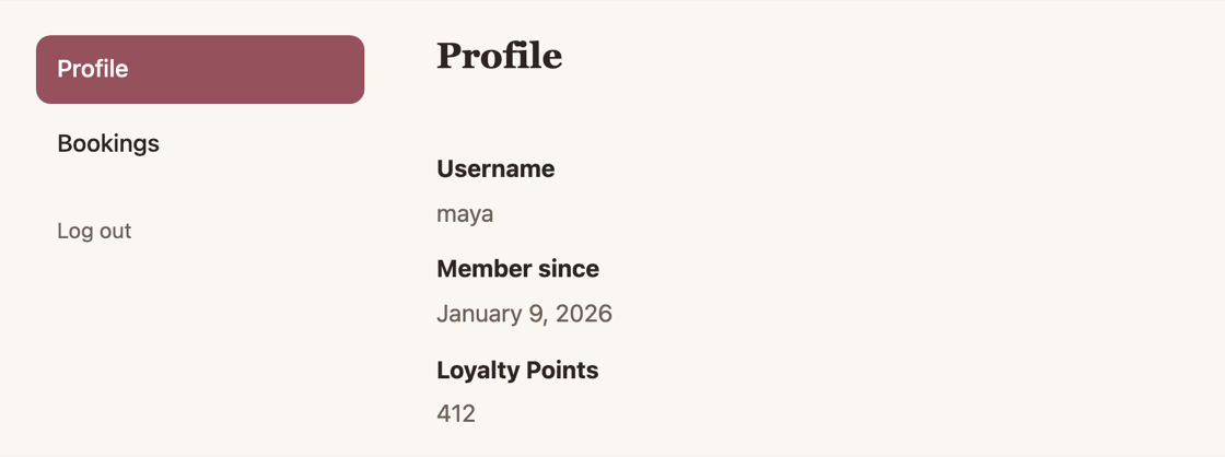 Customer account Profile page showing username, member-since date and a Loyalty Points balance