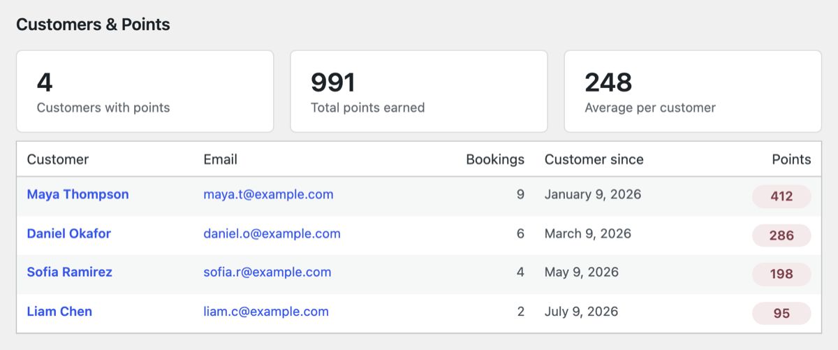 wp-admin Customers and Points dashboard with point totals and a table of clients, their bookings and balances