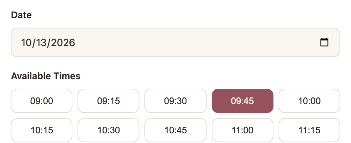 Salon Suite booking widget showing a date and a grid of available time slots with one selected